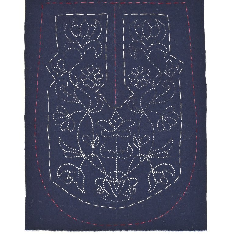 Instructions: place the calico on the back of the printed wool fabric and stitch together using a brightly coloured sewing thread. Stitch along the edge of the pattern as well around the edge of the pocket.