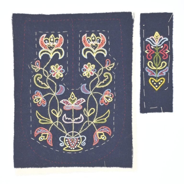 The pocket is embroidered using a wide variety of stitches. It is better to sew small stitches, as the embroidery will be finer and the pattern more defined. The pattern itself is printed with oil colour which is permanent, so it is best to cover all pattern dots with embroidery.