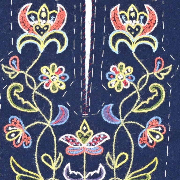 With a pair of scissors, cut along the dotted slit line of the pocket. With a thread in the same colour as the wool cloth, whipstitch the edges to prevent fraying. Be careful not to pull the fabric together.